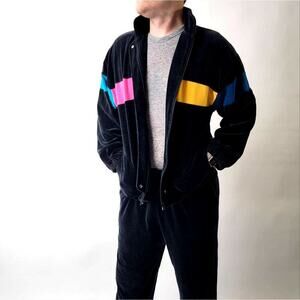 Vintage 90s Velour Track Suit - Multi Color Stripes - XL